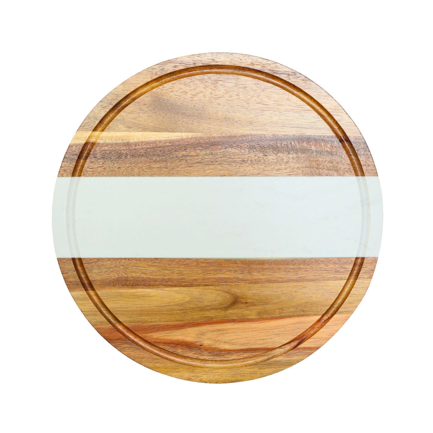 White Marble Stripe and Acacia Wood Round Board - 11"