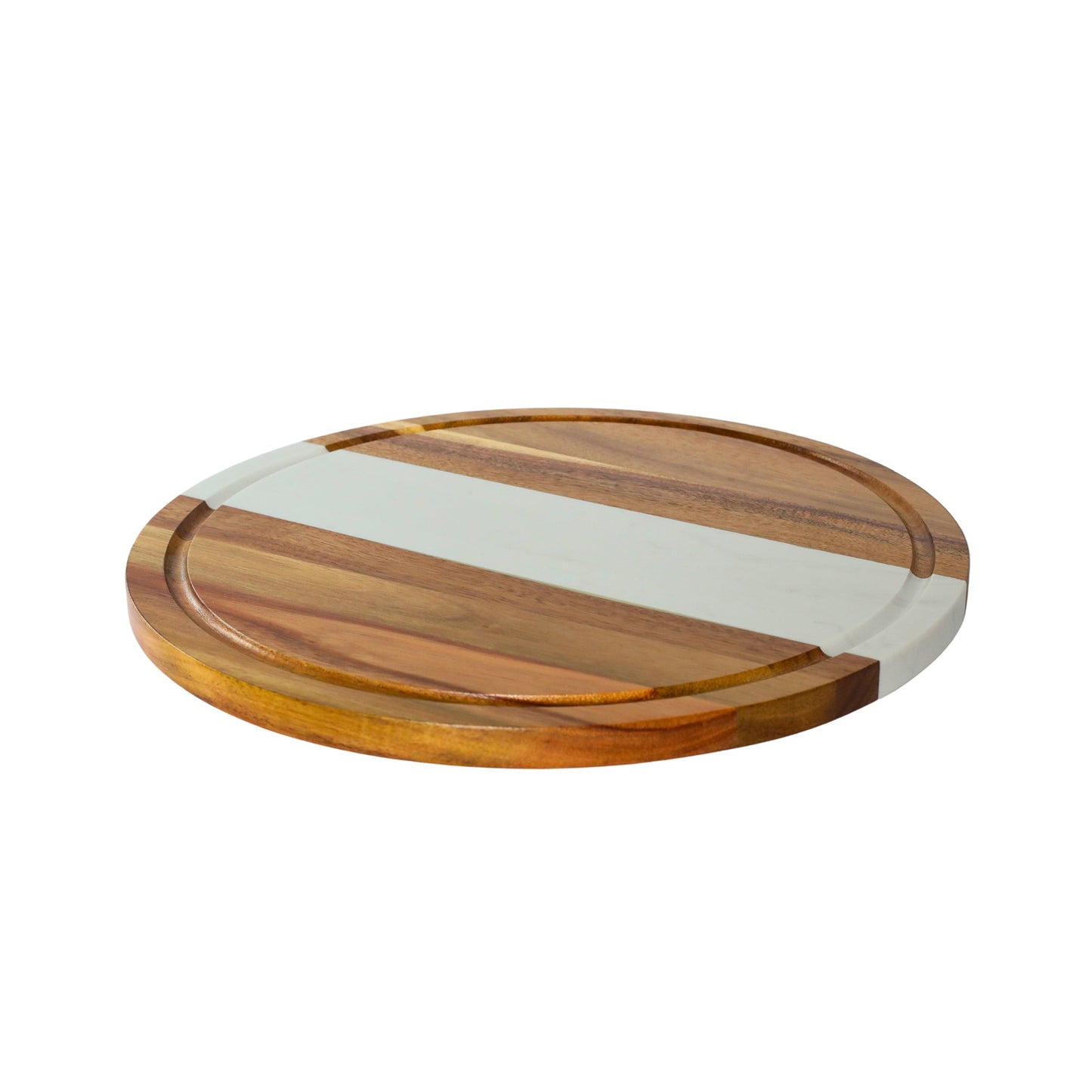 White Marble Stripe and Acacia Wood Round Board - 11"